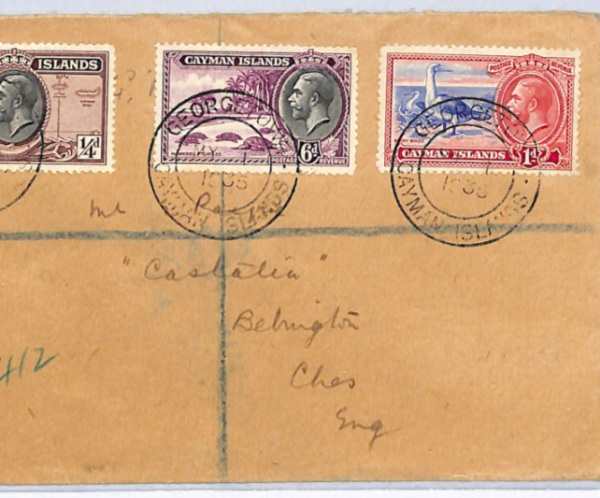 CAYMAN ISLANDS Cover 1935 KGV 6d TURTLES 1d BOOBY Farthing Registered Ches XW310 - Image 3