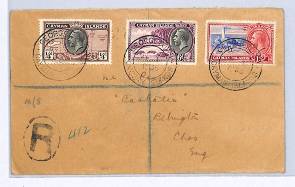 CAYMAN ISLANDS Cover 1935 KGV 6d TURTLES 1d BOOBY Farthing Registered Ches XW310 - Image 4