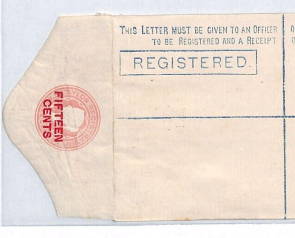 CEYLON Stationery Registered Envelope *FIFTEEN CENTS* Red Surcharge Unused YJ155