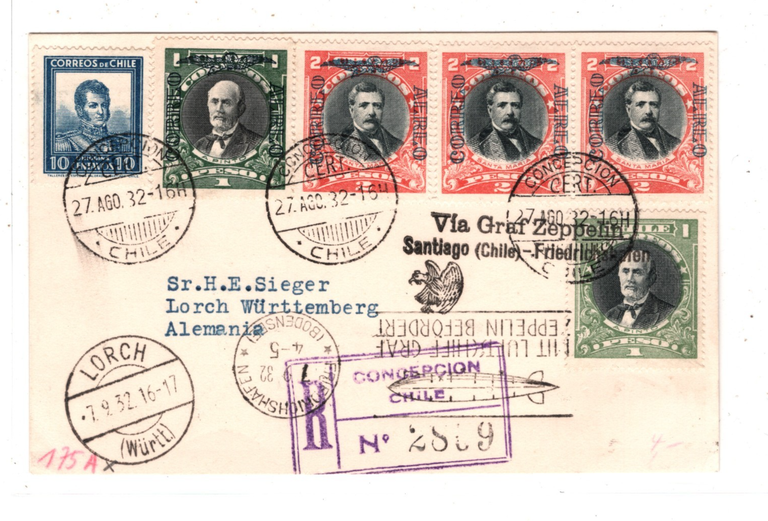 CHILE GRAF ZEPPELIN Air Mail Air Mail 2p 1p Card Concepcion Germany 1932 KZ150 - Image 3