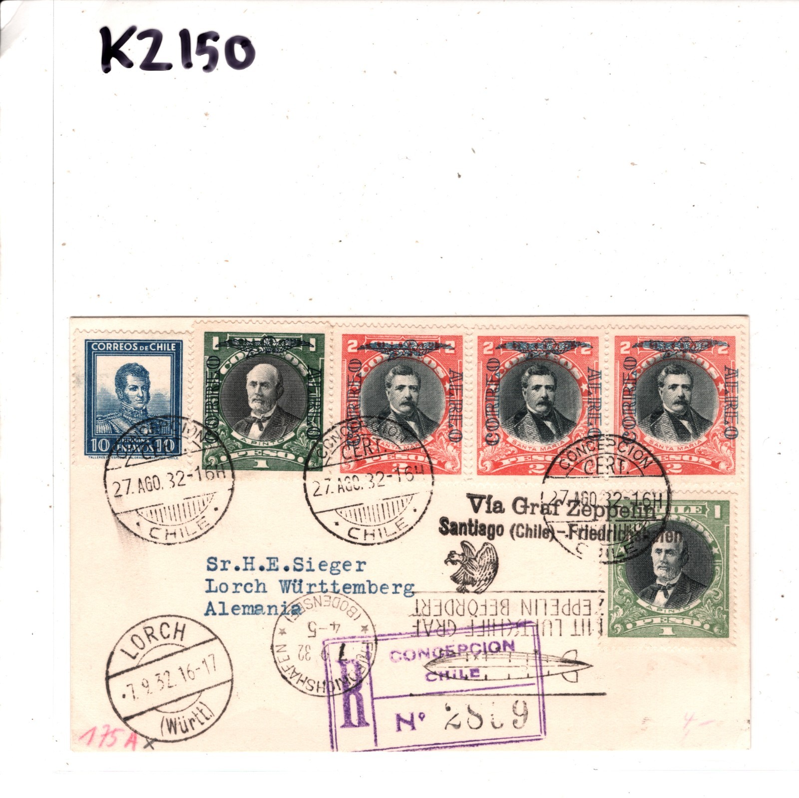 CHILE GRAF ZEPPELIN Air Mail Air Mail 2p 1p Card Concepcion Germany 1932 KZ150 - Image 4
