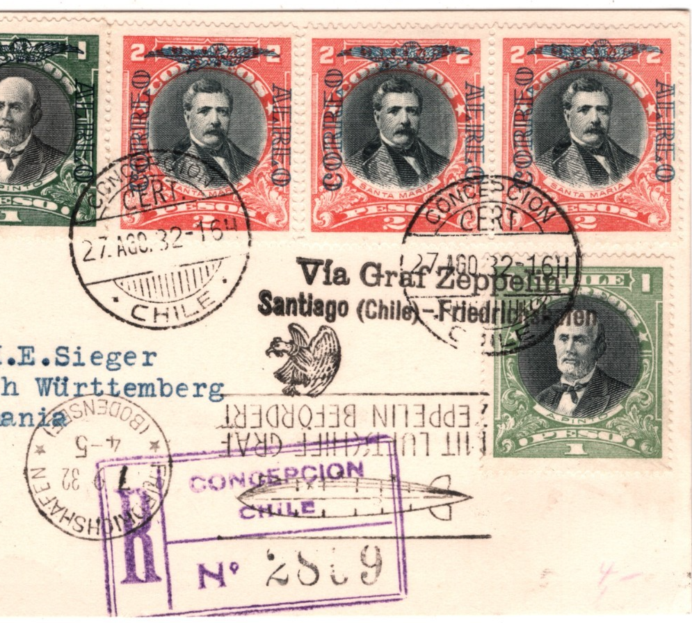 CHILE GRAF ZEPPELIN Air Mail Air Mail 2p 1p Card Concepcion Germany 1932 KZ150
