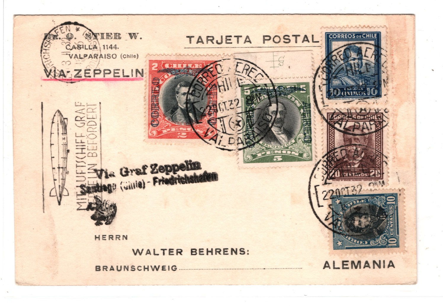 CHILE GRAF ZEPPELIN Air Mail Air Mail 5p 2p Card Valparaiso Germany 1932 KZ135 - Image 3