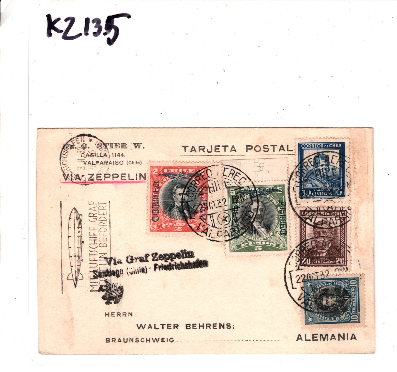 CHILE GRAF ZEPPELIN Air Mail Air Mail 5p 2p Card Valparaiso Germany 1932 KZ135 - Image 6