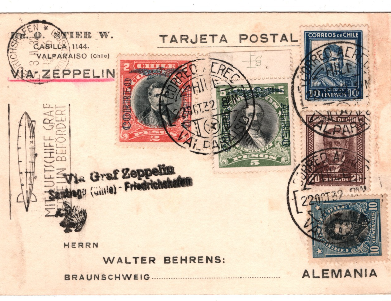 CHILE GRAF ZEPPELIN Air Mail Air Mail 5p 2p Card Valparaiso Germany 1932 KZ135