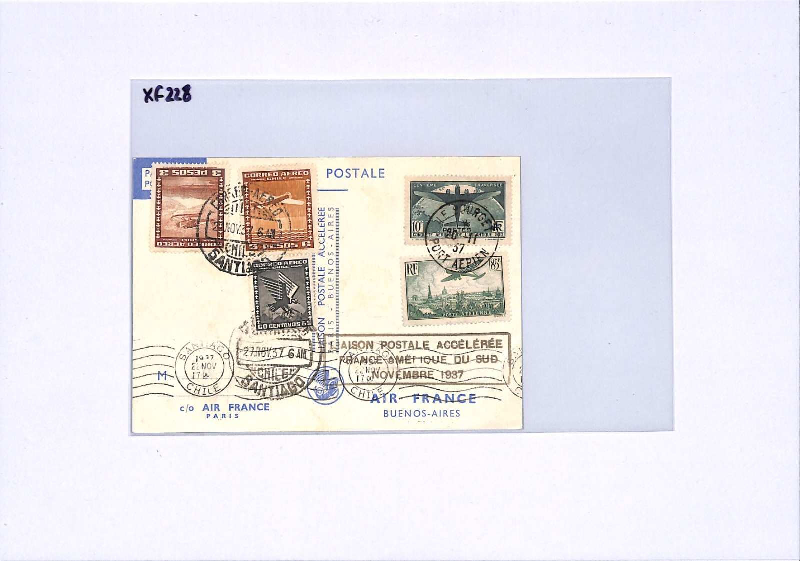 CHILE/FRANCE 10f Air High Value MIXED FRANKING Art Card 1937 TRANSATLANTIC XF228 - Image 4