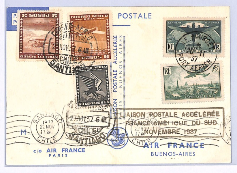 CHILE/FRANCE 10f Air High Value MIXED FRANKING Art Card 1937 TRANSATLANTIC XF228
