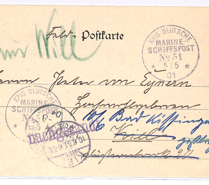 CHINA *CHINGKIANG* Message Card 1901 Germany SHIP *SCHIFFSPOST #51* Cancel WK40 - Image 3