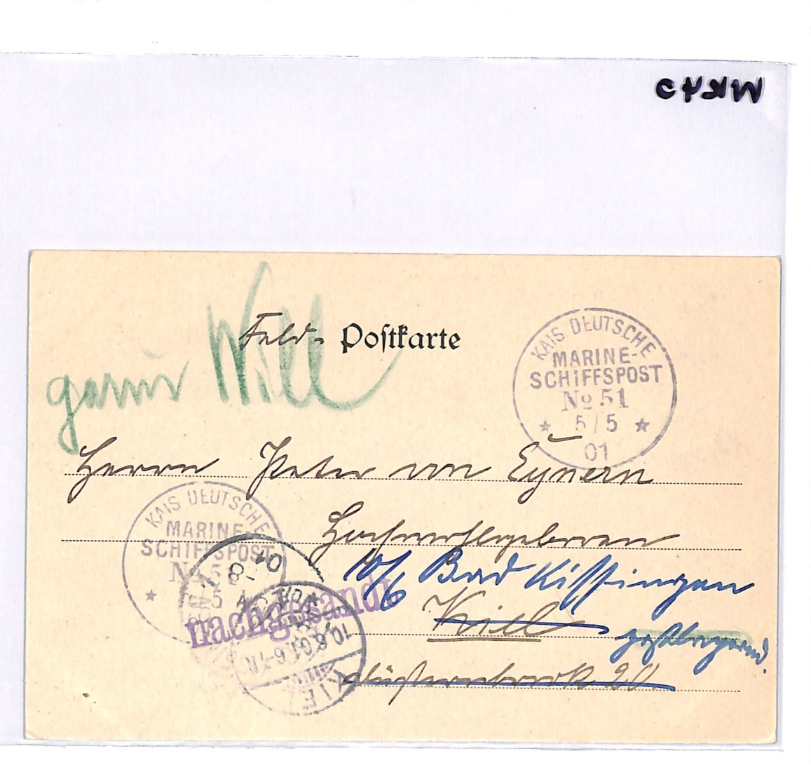 CHINA *CHINGKIANG* Message Card 1901 Germany SHIP *SCHIFFSPOST #51* Cancel WK40 - Image 7