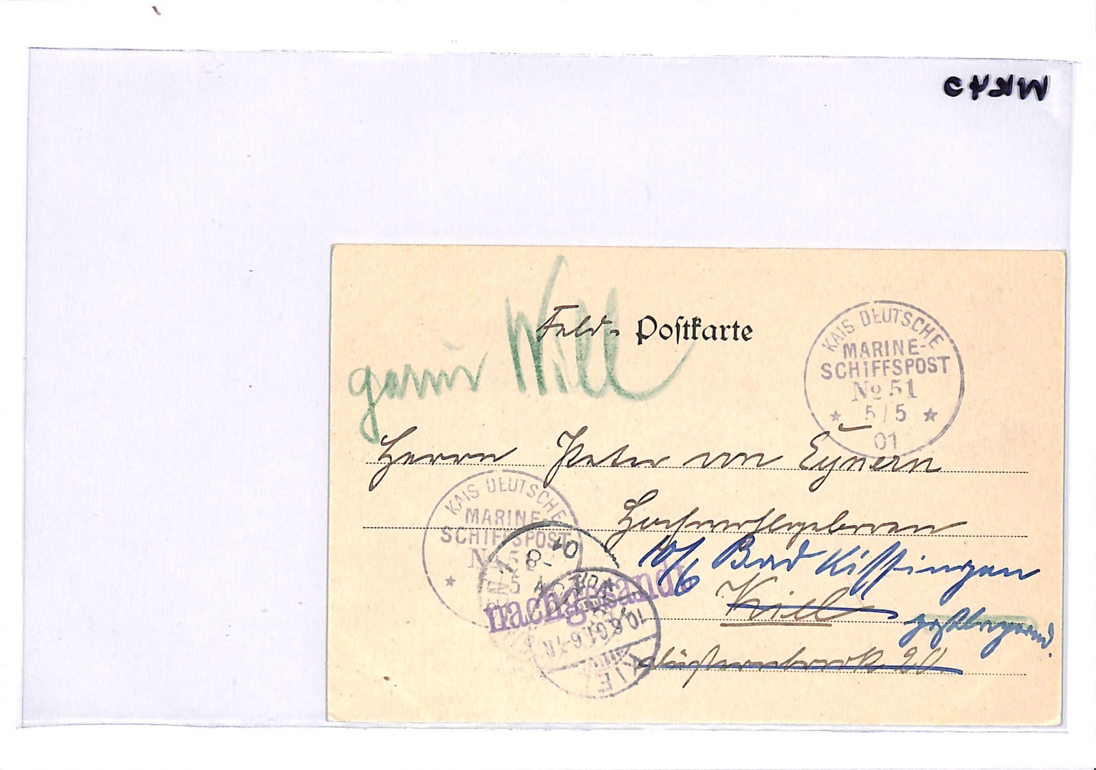 CHINA *CHINGKIANG* Message Card 1901 Germany SHIP *SCHIFFSPOST #51* Cancel WK40 - Image 9
