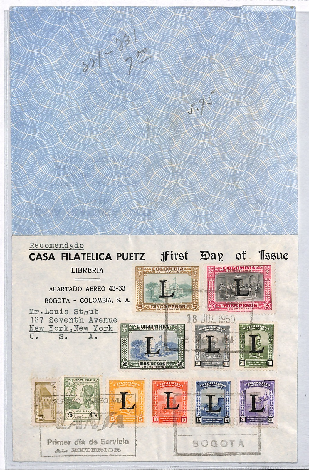 COLOMBIA 1950 FDC Air *L* OVERPRINT Stamps{9} MIXED FRANKING Bogota NYC VM122 - Image 3