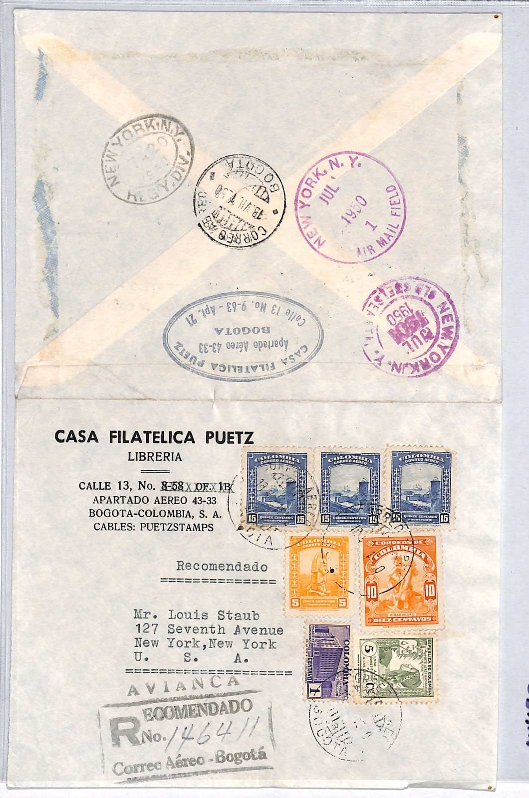 COLOMBIA 1950 FDC Air *L* OVERPRINT Stamps{9} MIXED FRANKING Bogota NYC VM122 - Image 4
