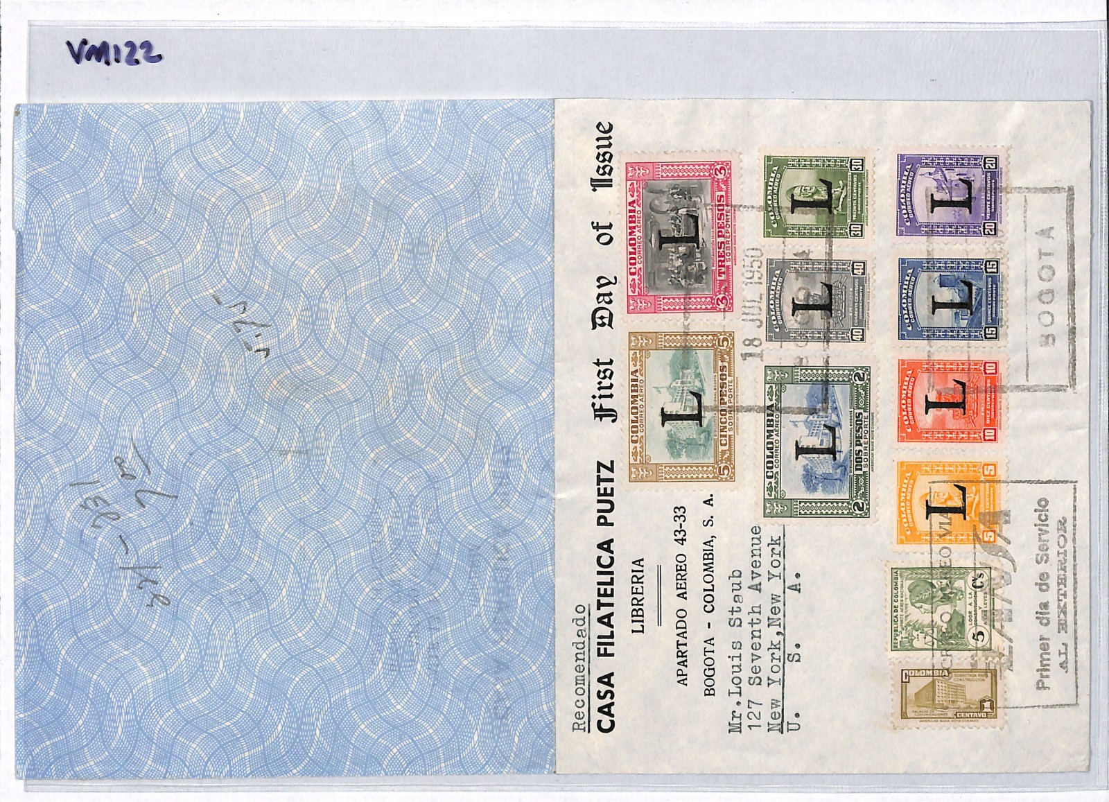COLOMBIA 1950 FDC Air *L* OVERPRINT Stamps{9} MIXED FRANKING Bogota NYC VM122 - Image 5