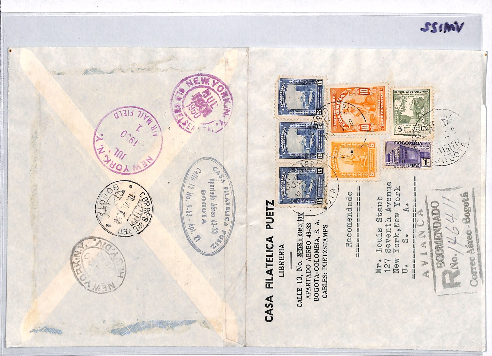 COLOMBIA 1950 FDC Air *L* OVERPRINT Stamps{9} MIXED FRANKING Bogota NYC VM122 - Image 6