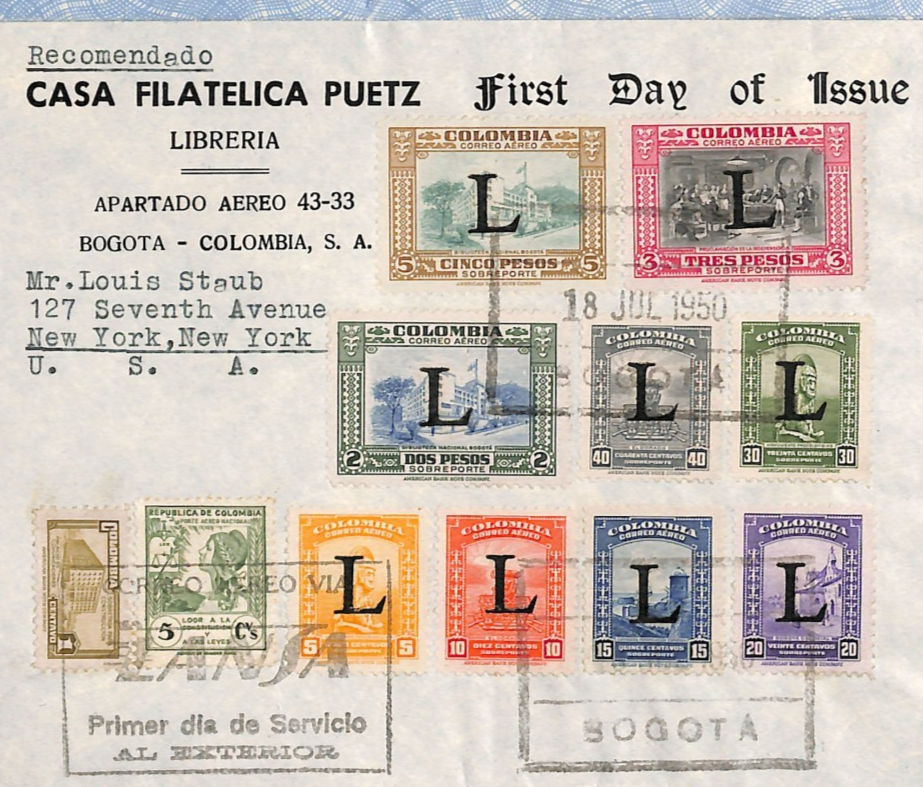 COLOMBIA 1950 FDC Air *L* OVERPRINT Stamps{9} MIXED FRANKING Bogota NYC VM122