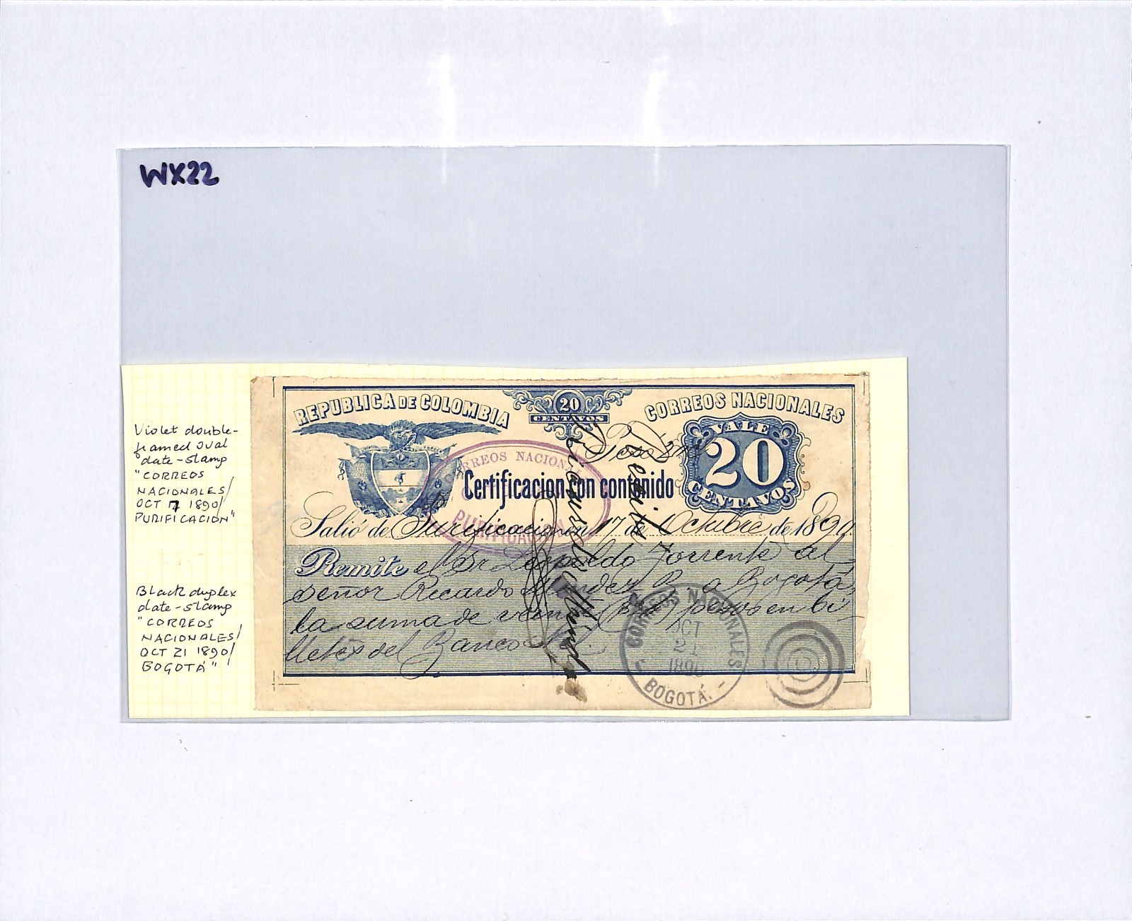 COLOMBIA 20c CUBIERTA Violet *PURIFICACION* Oval Bogota 1890 Stationery WX22 - Image 4