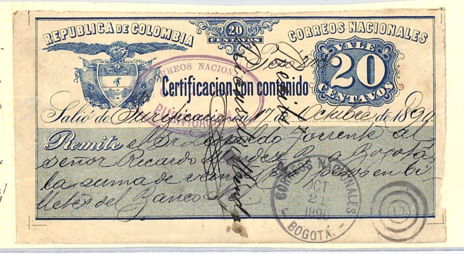 COLOMBIA 20c CUBIERTA Violet *PURIFICACION* Oval Bogota 1890 Stationery WX22