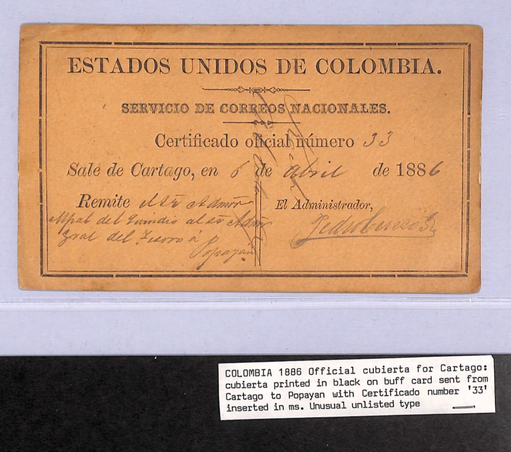 COLOMBIA *CARTAGO* Insured Letter Stamp CUBIERTA Used 1886 Stationery #GO7 WT84 - Image 5
