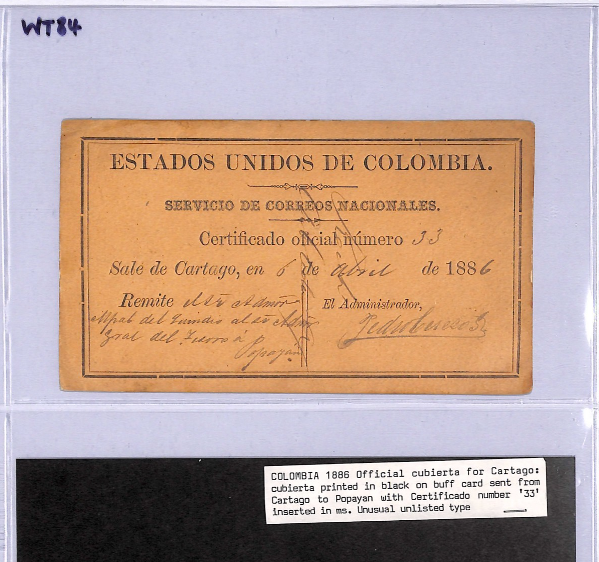 COLOMBIA *CARTAGO* Insured Letter Stamp CUBIERTA Used 1886 Stationery #GO7 WT84 - Image 6