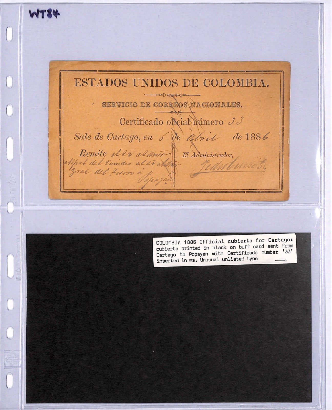 COLOMBIA *CARTAGO* Insured Letter Stamp CUBIERTA Used 1886 Stationery #GO7 WT84 - Image 8
