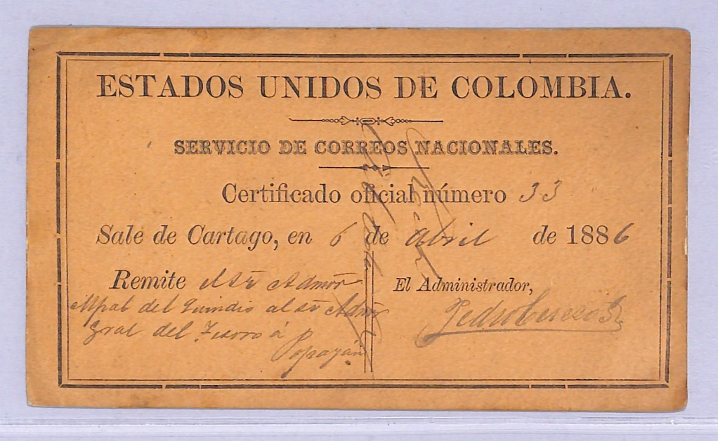 COLOMBIA *CARTAGO* Insured Letter Stamp CUBIERTA Used 1886 Stationery #GO7 WT84
