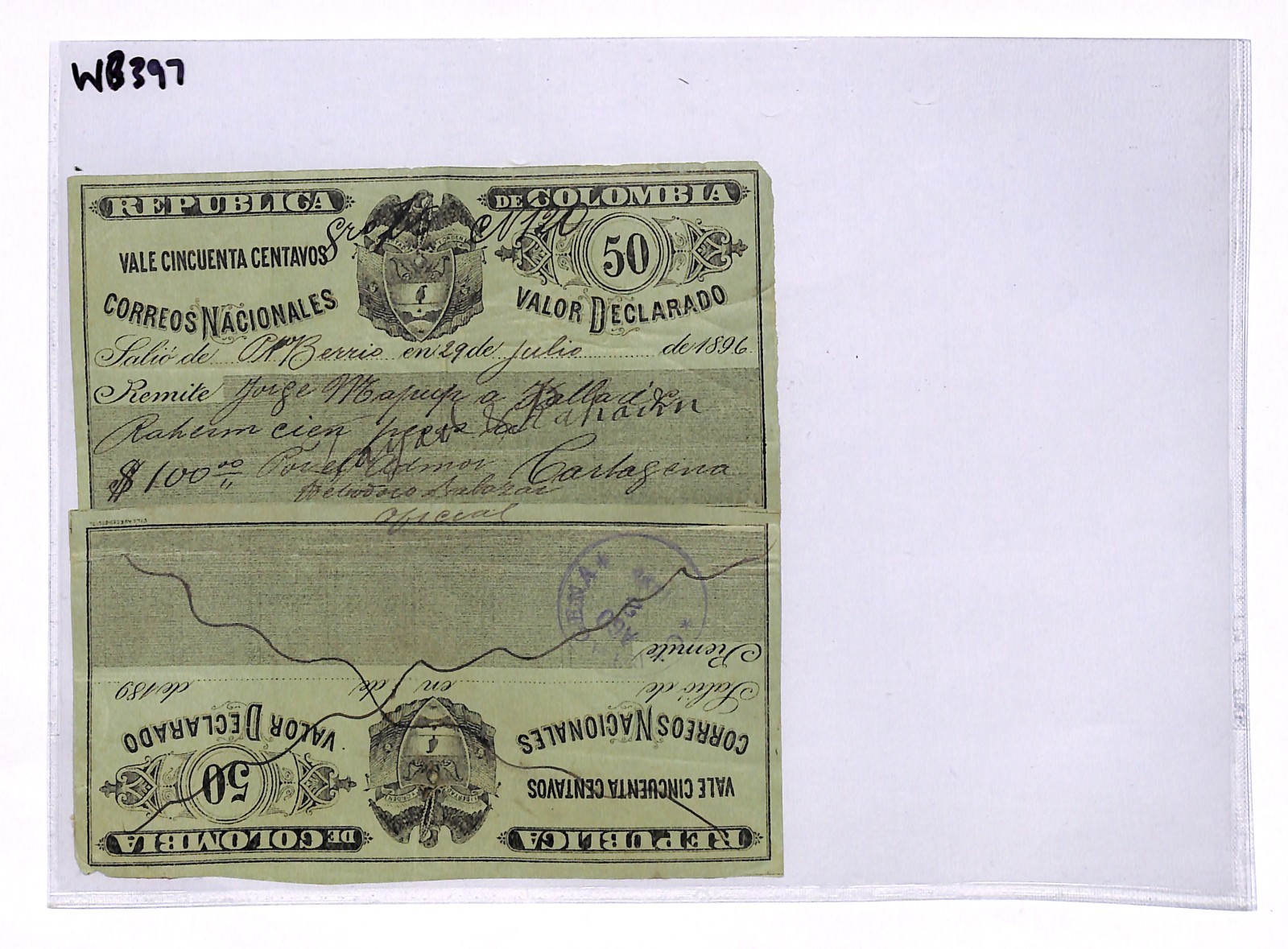 COLOMBIA CUBIERTA{2} 50c Stationery *RARE USED INTACT PAIR* Cartagena 1896 WB397 - Image 5