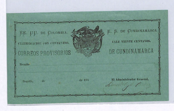 COLOMBIA *CUNDIMARCA* 20c CUBIERTA (1883) Scott G1 Cat $160 {ex Moorhouse}WX77 - Image 3