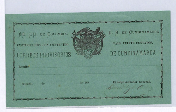COLOMBIA *CUNDIMARCA* 20c CUBIERTA (1883) Scott G1 Cat $160 {ex Moorhouse}WX77 - Image 5