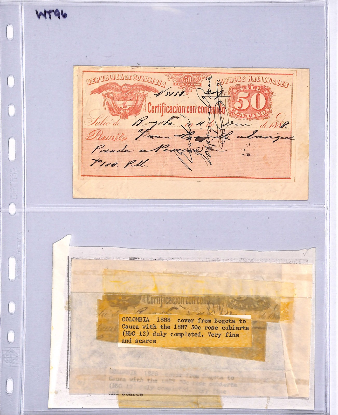 COLOMBIA Cover 50c *CUBIERTA* Insured Letter Stamp 1888 Cauca {Moorhouse}WT96 - Image 6