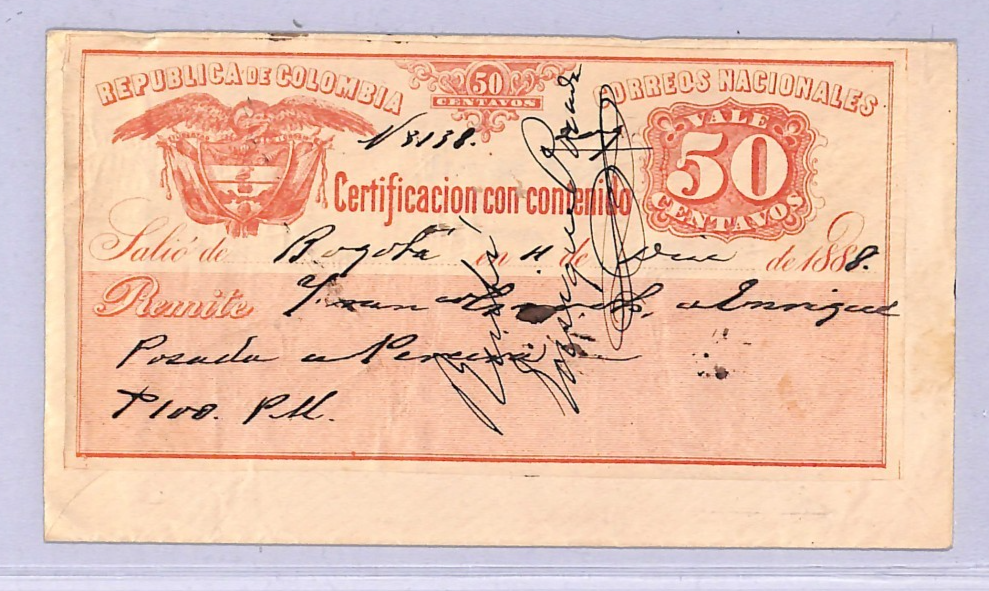 COLOMBIA Cover 50c *CUBIERTA* Insured Letter Stamp 1888 Cauca {Moorhouse}WT96
