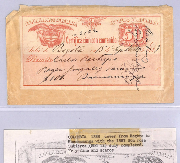 COLOMBIA Cover 50c CUBIERTA Insured Letter Stamp 1888 Stationery {Moorhouse}WT85 - Image 5