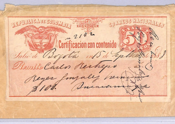 COLOMBIA Cover 50c CUBIERTA Insured Letter Stamp 1888 Stationery {Moorhouse}WT85