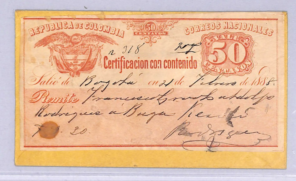 COLOMBIA Cover 50c CUBIERTA Stationery Used Bogota 1888 Buga {Moorhouse}WT95