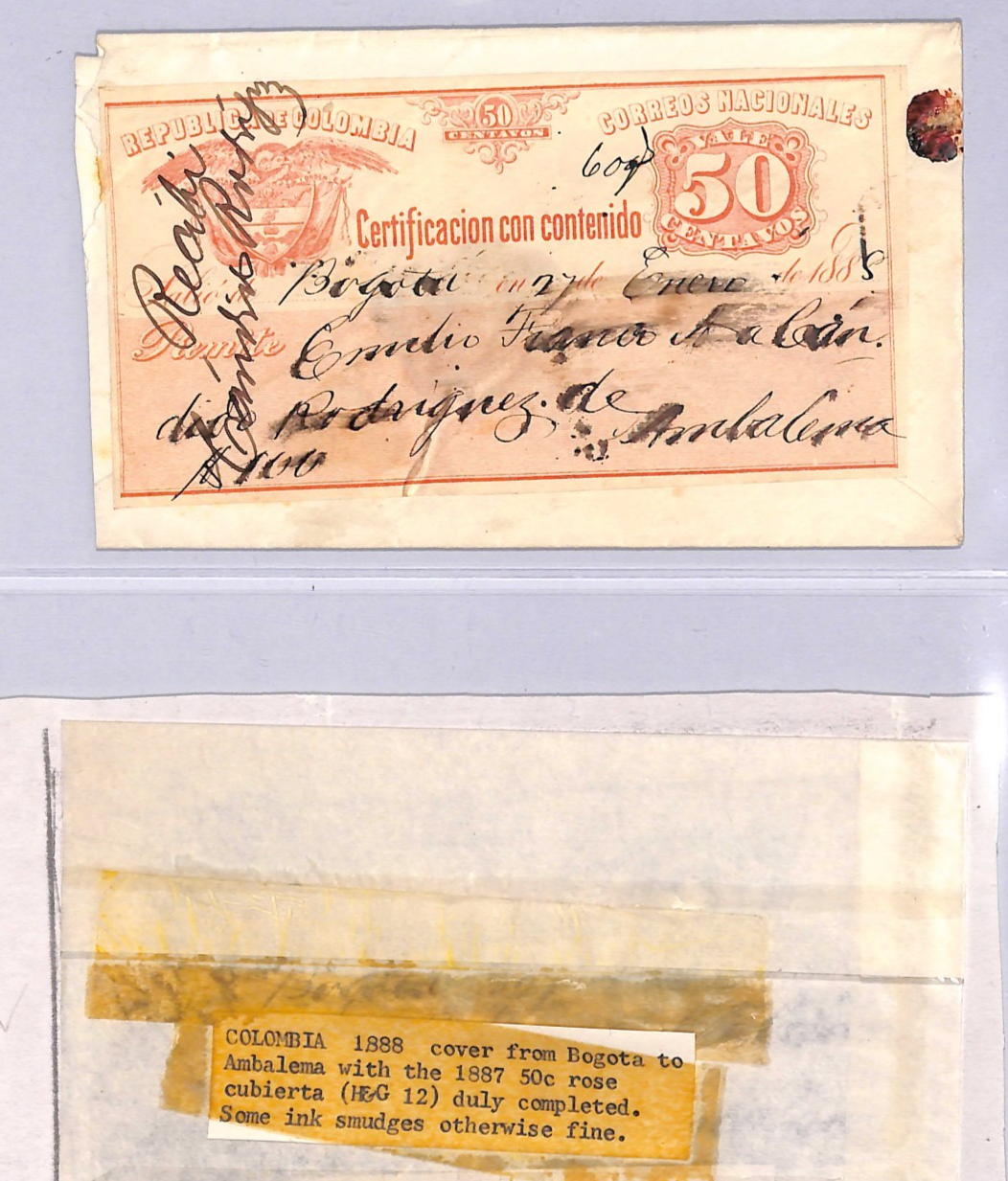 COLOMBIA Cover 50c Rose *CUBIERTA* Used Bogota 1888 Ambalema {Moorhouse}WT98 - Image 4