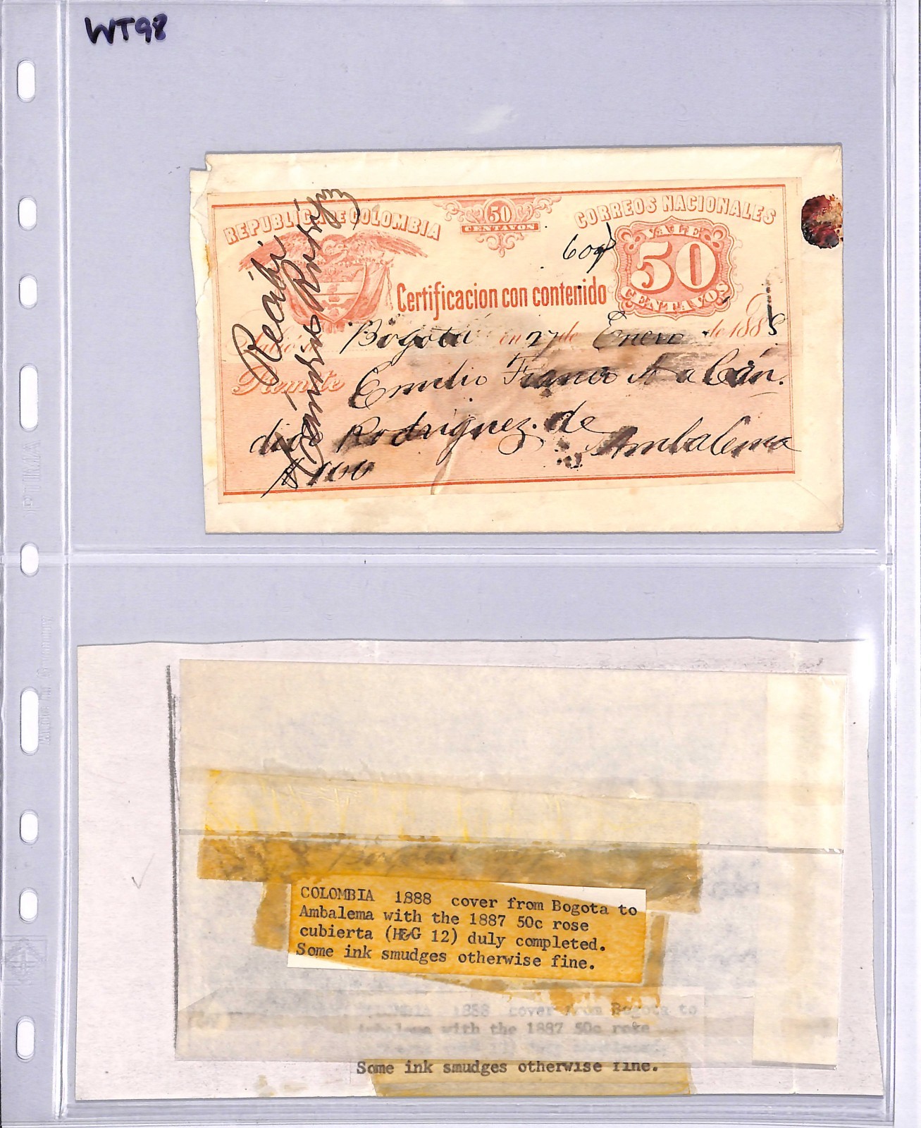 COLOMBIA Cover 50c Rose *CUBIERTA* Used Bogota 1888 Ambalema {Moorhouse}WT98 - Image 6