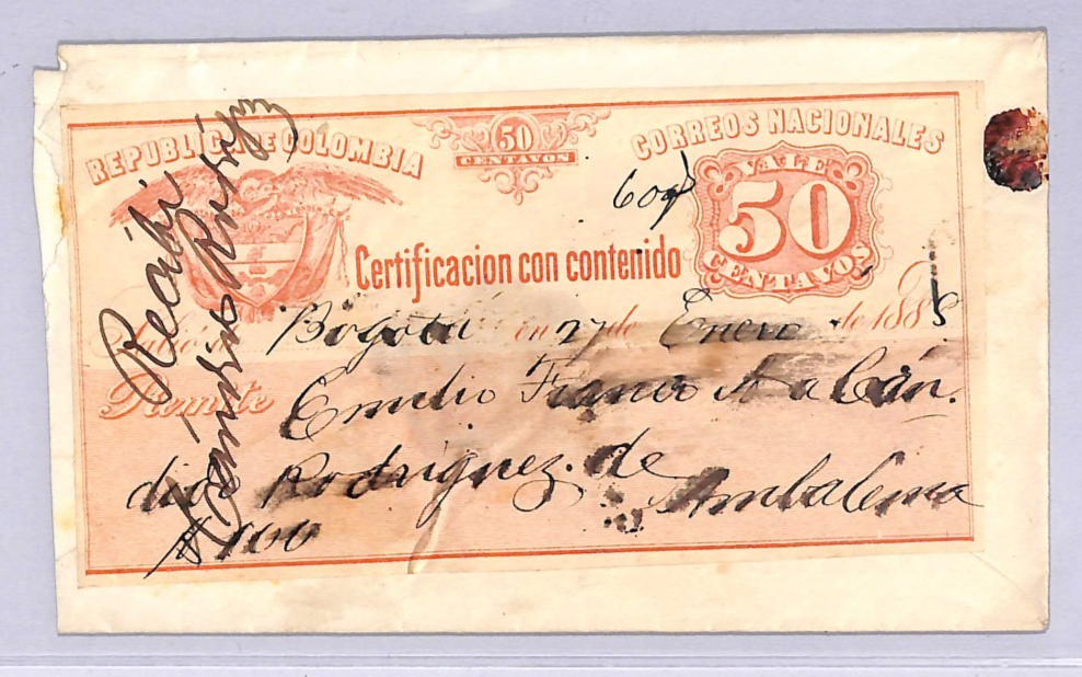 COLOMBIA Cover 50c Rose *CUBIERTA* Used Bogota 1888 Ambalema {Moorhouse}WT98