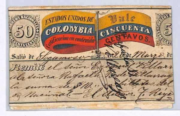 COLOMBIA Cover LATE USE *FLAG* 50c CUBIERTA Used Sagamaso 1886 Bogota WX18