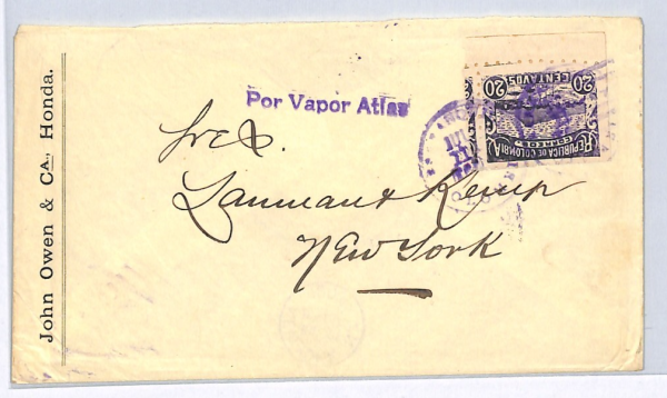 COLOMBIA Maritime 20c Cover *POR VAPOR ATLAS* Cachet SHIP 1903 USA New York WX59 - Image 3