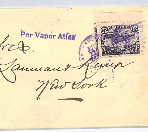 COLOMBIA Maritime 20c Cover *POR VAPOR ATLAS* Cachet SHIP 1903 USA New York WX59