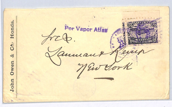 COLOMBIA Maritime 20c Cover *POR VAPOR ATLAS* Cachet SHIP 1903 USA New York WX59 - Image 8