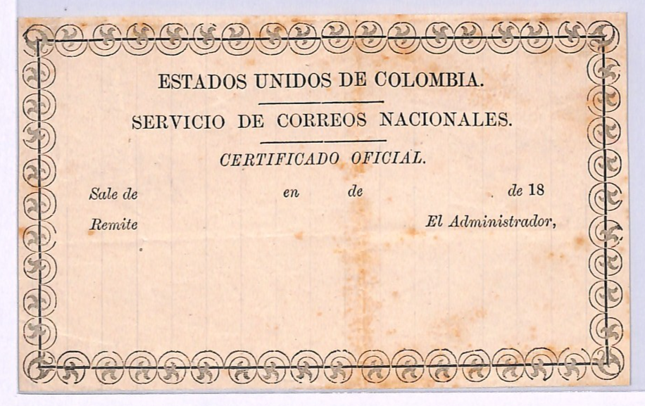 COLOMBIA Official CUBIERTA (1874) Insured Letter Stationery #GO4b RARE WZ336