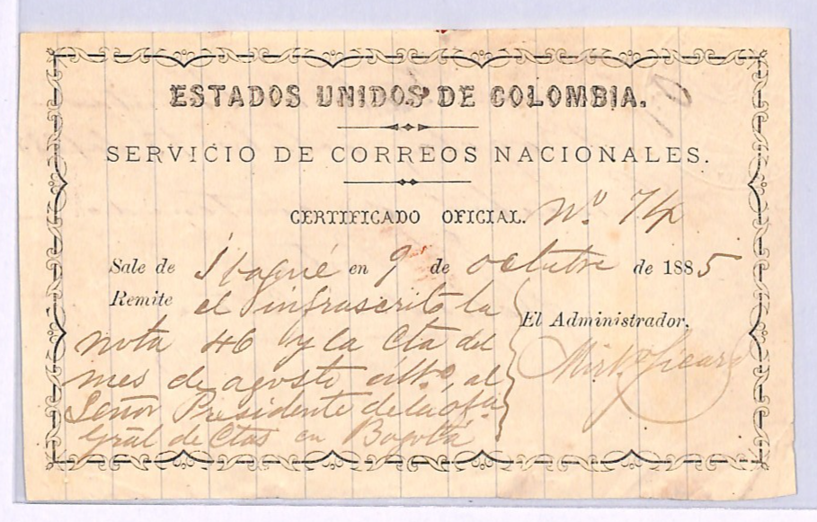 COLOMBIA Official CUBIERTA 1885 Insured Letter Stationery *UNLISTED TYPE* WZ352