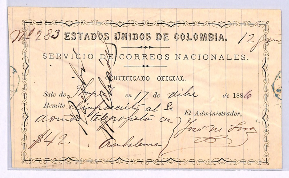 COLOMBIA Official CUBIERTA 1886 Insured Letter Stationery *UNLISTED TYPE* WZ351