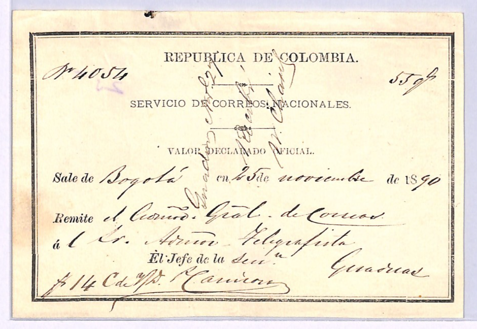 COLOMBIA Official CUBIERTA 1890 Insured Letter Stationery #GO28 Cat $200 WZ332