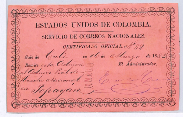 COLOMBIA Official CUBIERTA Used 1883 Cali *UNRECORDED PINK PAPER* Variety WX37 - Image 3