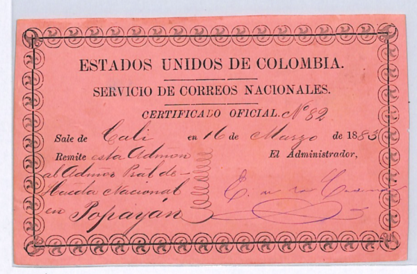 COLOMBIA Official CUBIERTA Used 1883 Cali *UNRECORDED PINK PAPER* Variety WX37 - Image 5