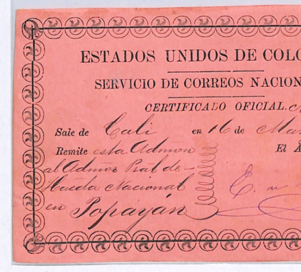 COLOMBIA Official CUBIERTA Used 1883 Cali *UNRECORDED PINK PAPER* Variety WX37 - Image 6