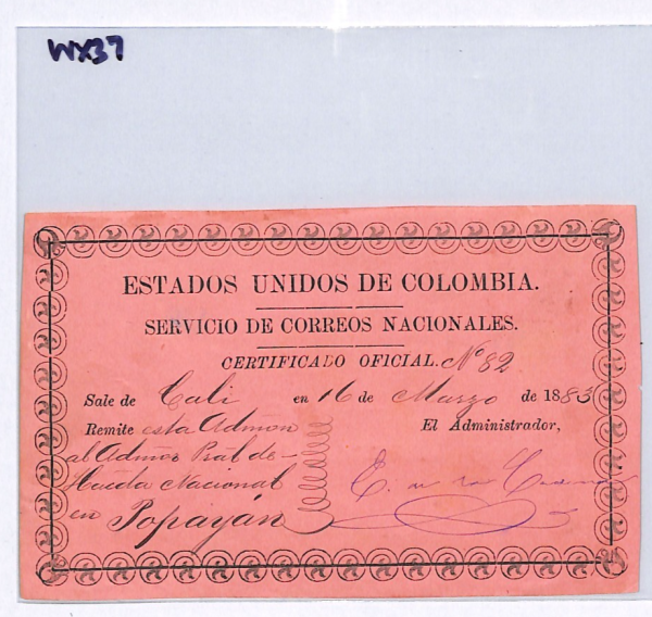 COLOMBIA Official CUBIERTA Used 1883 Cali *UNRECORDED PINK PAPER* Variety WX37 - Image 8