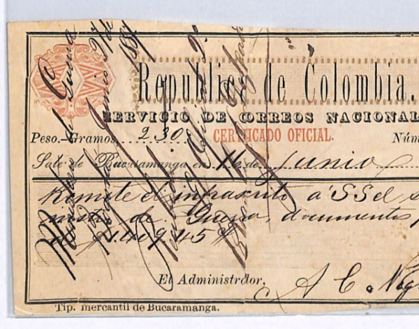 COLOMBIA Republica BUCARAMANGA CUBIERTA Insured Letter Stamp 1887 Rare GO19 WX91 - Image 3