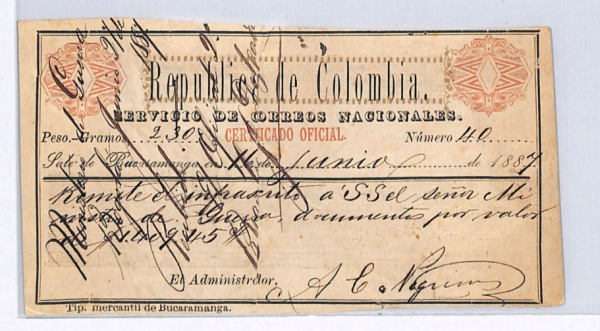 COLOMBIA Republica BUCARAMANGA CUBIERTA Insured Letter Stamp 1887 Rare GO19 WX91